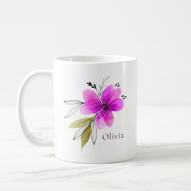 Vibrant Rosa Watercolor Personlig Namn Kaffemugg (Vänster)