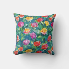 Vibrant rose bushes watercolor print kudde