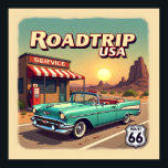 Vibrant Route 66 Road Resa - Retro Pop Art Poster<br><div class="desc">Höj jukeboxen och slå den öppna vägen med detta livliga erkännande av det amerikanska äventyr guldåldern! Den här teckningen fångar perfektens soliga dag på den legendariska sträckan 66, med ett gleaming turkos-konverterbart redo för de närmaste milen. Det som gör biet verkligt speciellt är dess djärva, popkonstinspirerade estetik. Till skillnad från...</div>