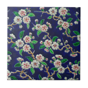 Vibrant Royal Blue Cherry Blommars Antique Repro Kakelplatta