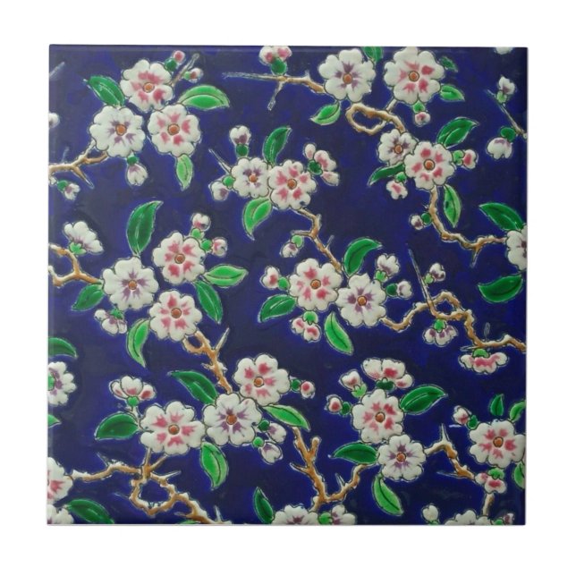 Vibrant Royal Blue Cherry Blommars Antique Repro Kakelplatta (Framsidan)