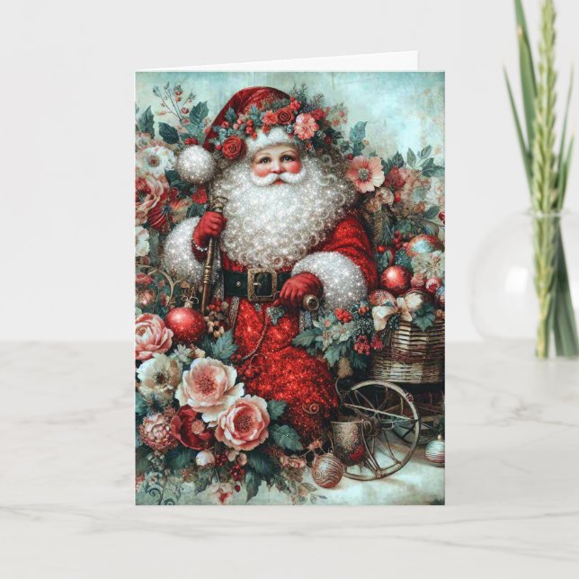 Vibrant Rustic Floral Vintage Santa Helgkort (Framsida)
