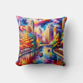 "Vibrant San Antonio Riverpromenad med Riverboat" Kudde