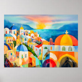 Vibrant Santorini med färgstarka domäner Poster