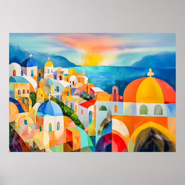 Vibrant Santorini med färgstarka domäner Poster (Framsidan)