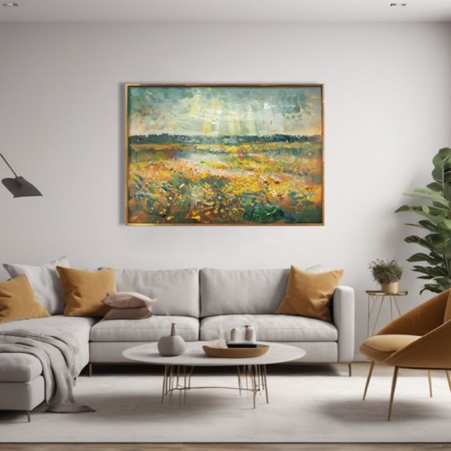 Vibrant Sate Sommar Fält landskapsimsionist Canvastryck (Bring the warmth of late summer into your home with this stunning impressionist-style abstract field)