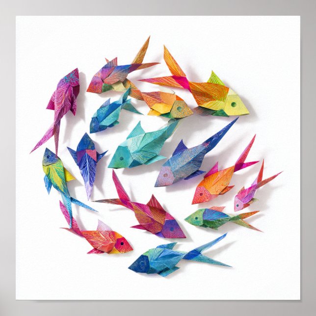 Vibrant School of Origami Fish Mönster Poster (Framsidan)