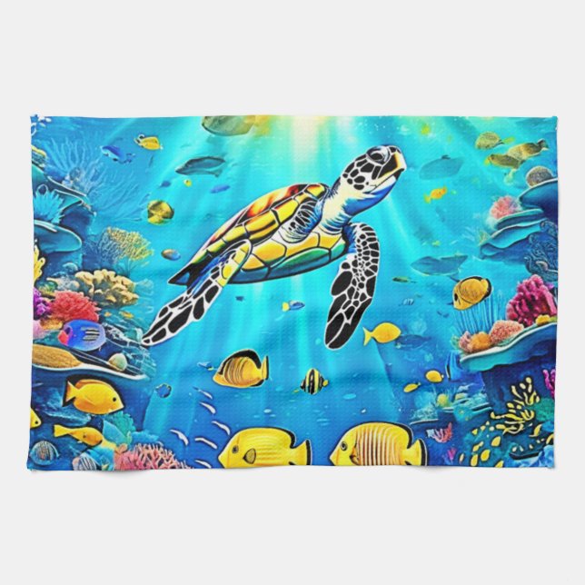 Vibrant Sea Turtle Reef Art Kökshandduk (Horisontell)
