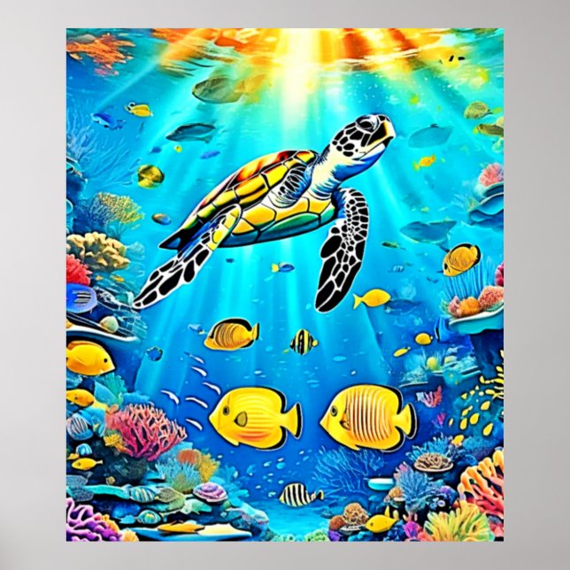 Vibrant Sea Turtle Reef Art Poster (Framsidan)