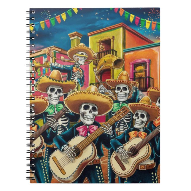 Vibrant Skeleton Mariachi Band Día de Los muertos Anteckningsbok (Framsidan)