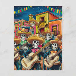 Vibrant Skeleton Mariachi Band Día de Los muertos Helg Vykort