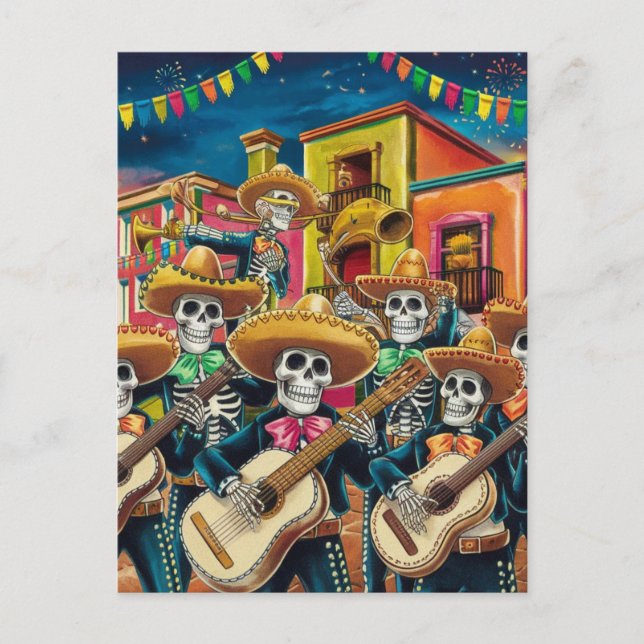 Vibrant Skeleton Mariachi Band Día de Los muertos Helg Vykort (Framsida)