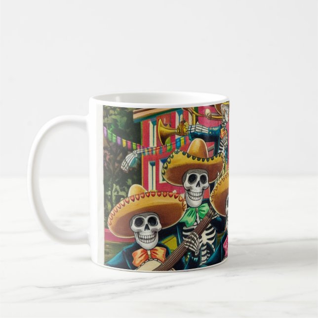 Vibrant Skeleton Mariachi Band Día de Los muertos Kaffemugg (Vänster)
