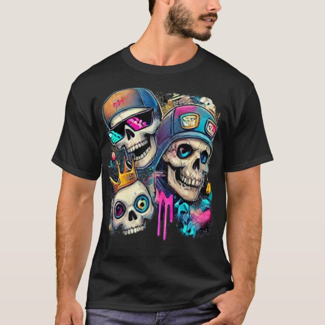 "Vibrant Skull T-Shirt, Unique Neon Street Art T Shirt (Framsida)