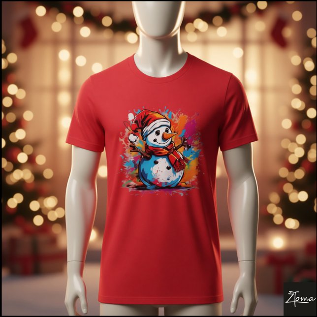 Vibrant Snowman Santa Scarf Paint Splatter T Shirt (Skapare uppladdad)