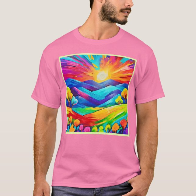 Vibrant solnedgång berg konsttryck t shirt (Framsida)
