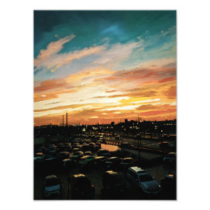 Vibrant solnedgång över cityscape och parkeringspa fototryck