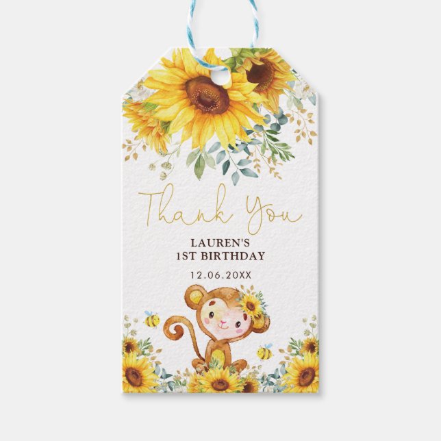 Vibrant Solros Cheeky Baby Monkey Vild Birthday Presentetikett (Framsidan)