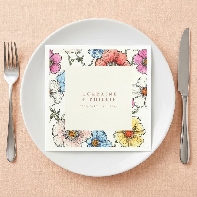 Vibrant sommarblommor vild bröllop napkin pappersservett (Vibrant summer wild flowers wedding napkin.)