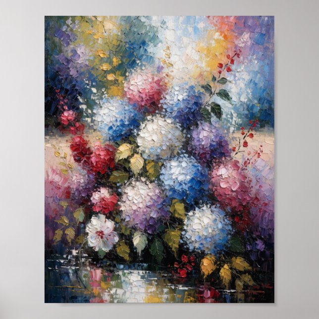 Vibrant sommarhydrangeabukett tung impastoolja poster (Framsidan)