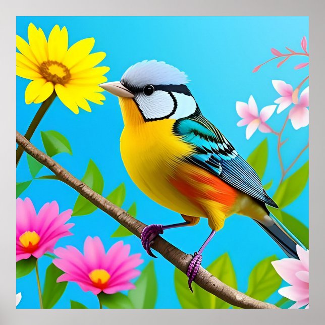 Vibrant Songbird Perched on a Blommar Gren Poster (Framsidan)