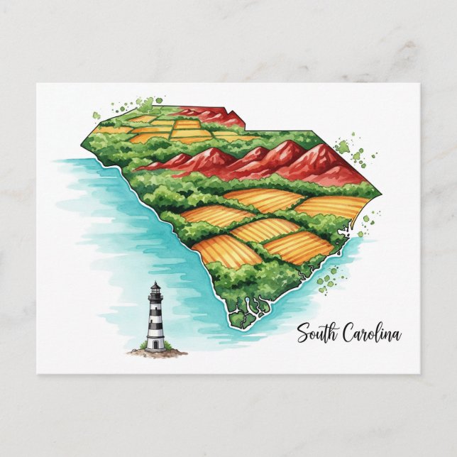 Vibrant South Carolina Karta Art Helg Vykort (Framsida)