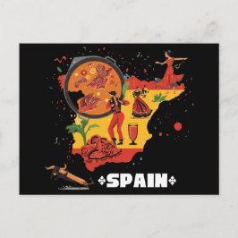 Vibrant Spain Map Flamenco, Paella & Bull Vykort
