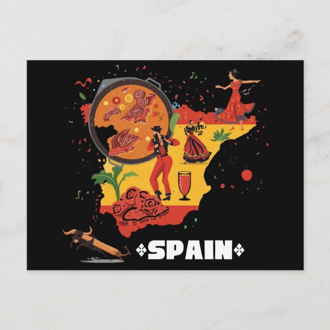 Vibrant Spain Map Flamenco, Paella & Bull Vykort (Framsida)