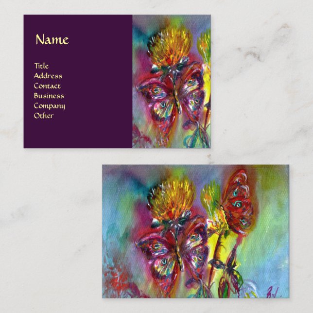 VIBRANT SPARKLING BUTTERFLIES IN BLUE,lila Visitkort (Fram/baksida)