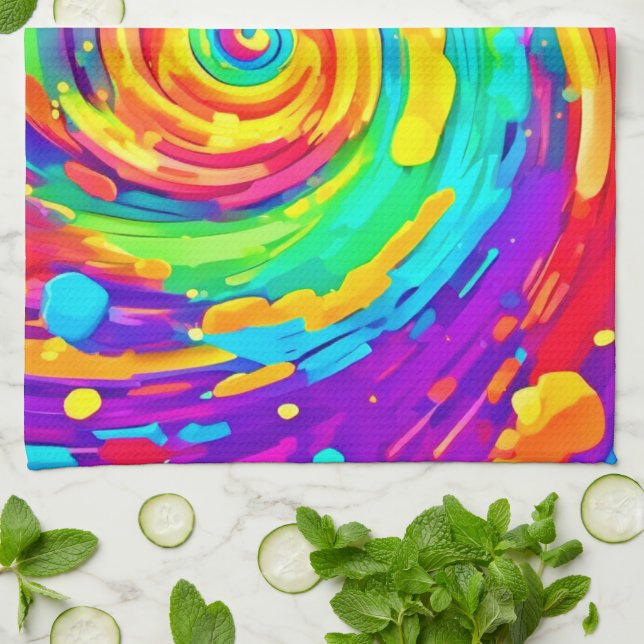 Vibrant Spiral Stänk Färg Art Kökshandduk (Vikta)