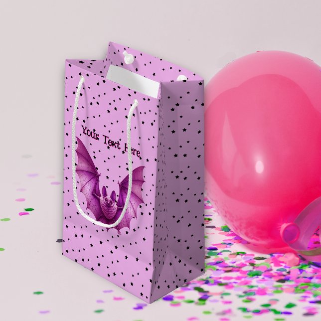 Vibrant Spooky Rosa Flies Fladdermus Black Stars (Vibrant pink flying bat  with little black stars on pink Gothic theme gift bag.)