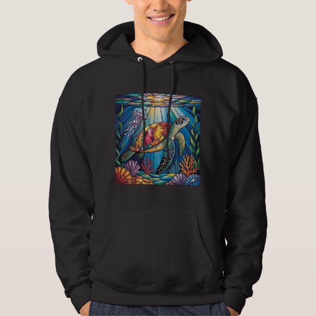Vibrant Stained Glass Sea Turtle Ocean Design Hoodie (Framsida)