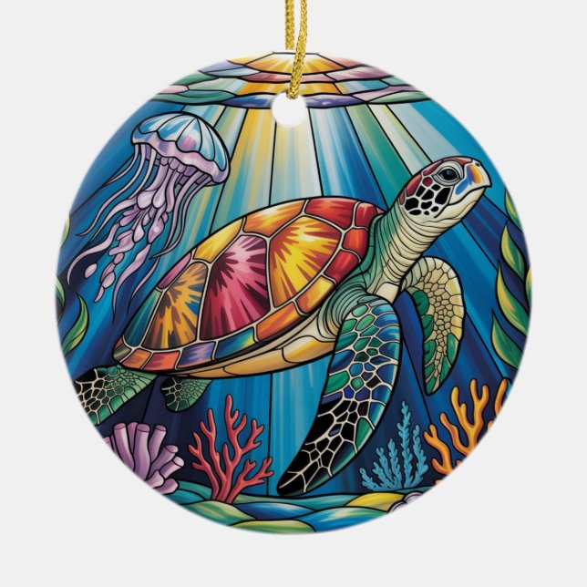 Vibrant Stained Glass Sea Turtle Ocean Design Julgransprydnad Keramik (Framsidan)