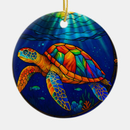 Vibrant Stained Glass Sea Turtle Ocean Design Julgransprydnad Keramik