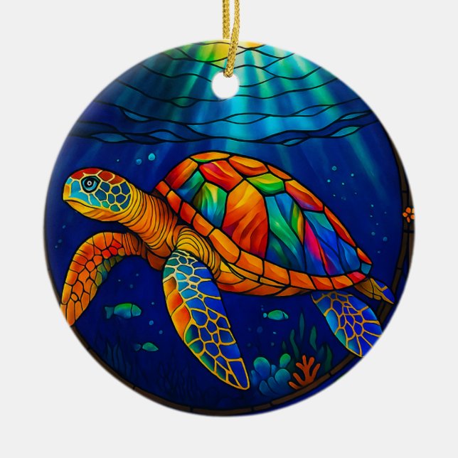 Vibrant Stained Glass Sea Turtle Ocean Design Julgransprydnad Keramik (Framsidan)