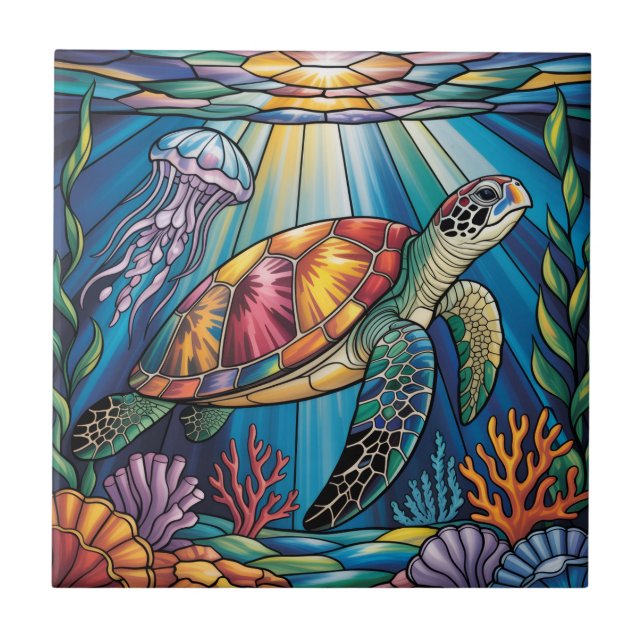Vibrant Stained Glass Sea Turtle Ocean Design Kakelplatta (Framsidan)
