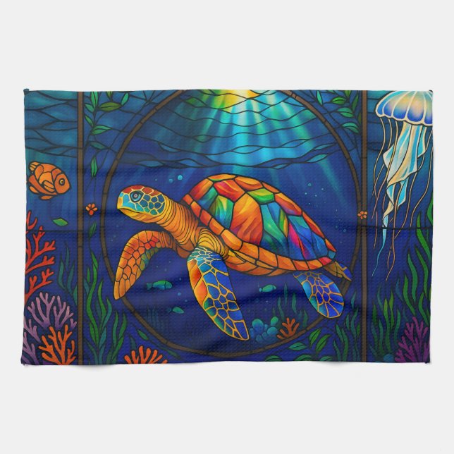 Vibrant Stained Glass Sea Turtle Ocean Design Kökshandduk (Horisontell)