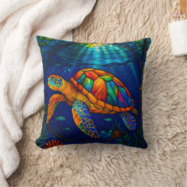 Vibrant Stained Glass Sea Turtle Ocean Design Kudde