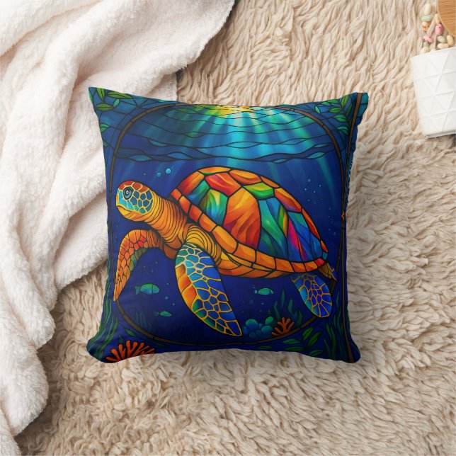 Vibrant Stained Glass Sea Turtle Ocean Design Kudde (Filt)