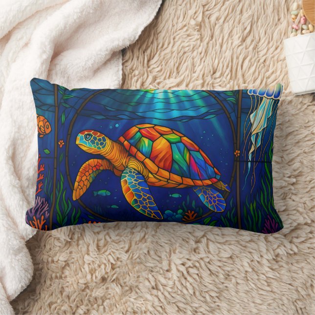 Vibrant Stained Glass Sea Turtle Ocean Design Lumbarkudde (Filt)