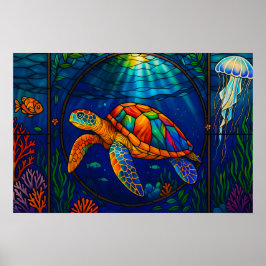 Vibrant Stained Glass Sea Turtle Ocean Design Poster