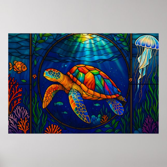 Vibrant Stained Glass Sea Turtle Ocean Design Poster (Framsidan)
