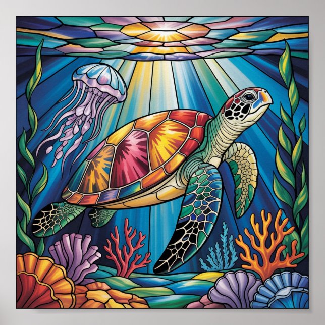 Vibrant Stained Glass Sea Turtle Ocean Design Poster (Framsidan)
