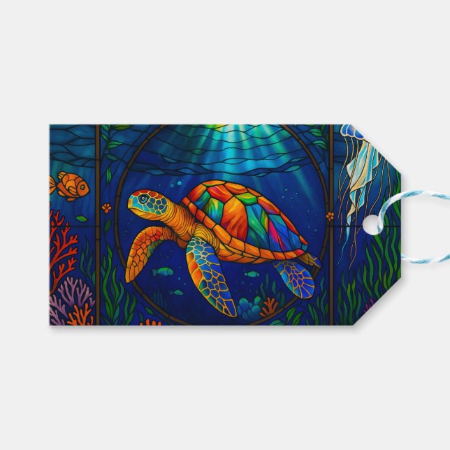 Vibrant Stained Glass Sea Turtle Ocean Design Presentetikett (Framsidan (Horisontell))
