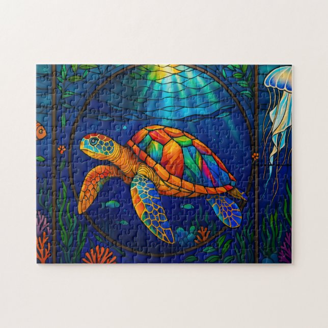 Vibrant Stained Glass Sea Turtle Ocean Design Pussel (Horisontell)