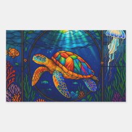 Vibrant Stained Glass Sea Turtle Ocean Design Rektangulärt Klistermärke