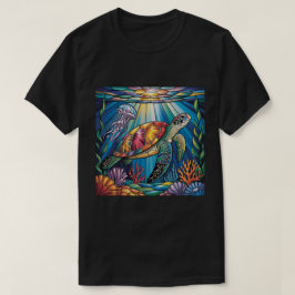 Vibrant Stained Glass Sea Turtle Ocean Design T Shirt