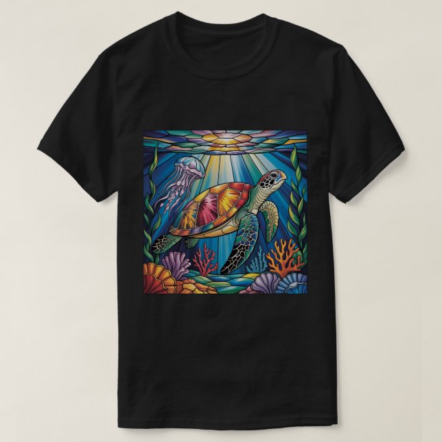 Vibrant Stained Glass Sea Turtle Ocean Design T Shirt (Design framsida)