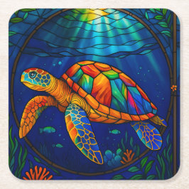 Vibrant Stained Glass Sea Turtle Ocean Design Underlägg Papper Kvadrat