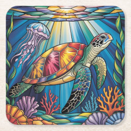 Vibrant Stained Glass Sea Turtle Ocean Design Underlägg Papper Kvadrat